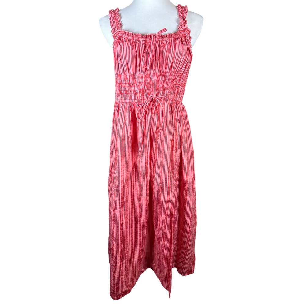 Next Womens Red White Striped Smocked Midi Dress Ruffle Strap US 10 AW0-757-168